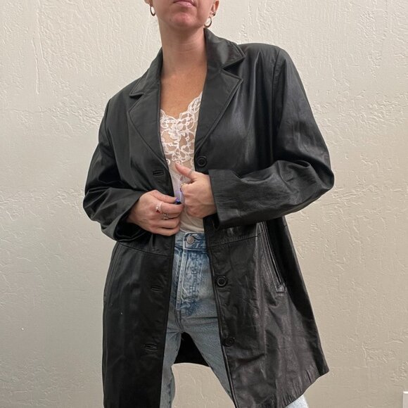 Vintage 90's Black 100% Lambskin Leather Button Up Blazer Trench Jacket - Picture 3 of 8